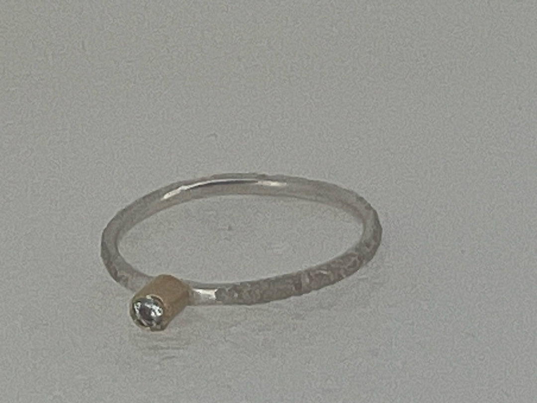 Sterling Silver hammered stacking ring with 9ct gold tube set cubic zirconia